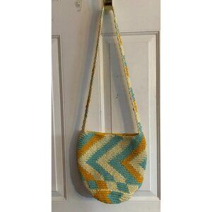 Wild Fable Women's Mini Crocheted Crossbody in Turquoise/White/Gold Snap Closure